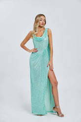 Mint Green Sequin Cowl-Neck Gown